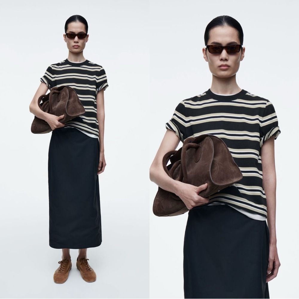 NEW COS CLEAN CUT REGULAR T-SHIRT in Beige/navy stripe